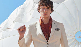 Image of man wearing a LBM1911 jacket with an open white parachite as background