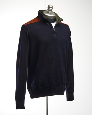 Paul  Shark Navy Wool Half Zip Sweater With Velvet Details Navy  5