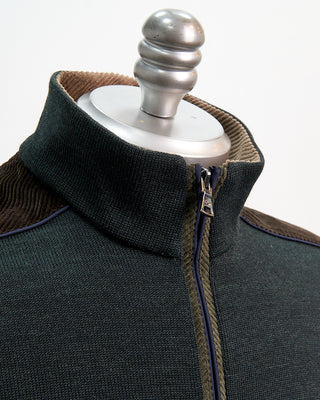 Paul  Shark Green Wool Full Zip Sweater With Velvet Details Green  5