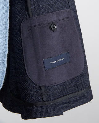 Tagliatore Double Breasted Wool Stretch Seersucker Blazer Navy 104
