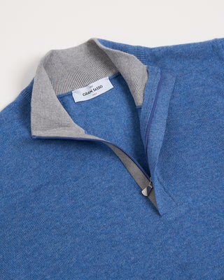 Gran Sasso Mock Zip Wool Sweater With Elbow Patch Blue 2877