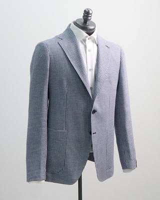 Tagliatore Ink Blue And Ivory Houdstooth Linen  Wool Sport Jacket Blue 1