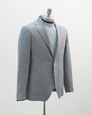 Tagliatore Turquoise Check On Pearl Grey Linen  Wool Sport Jacket Turquoise 1 2