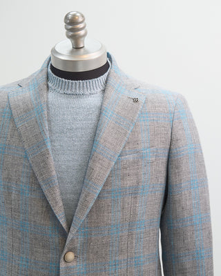 Tagliatore Turquoise Check On Pearl Grey Linen  Wool Sport Jacket Turquoise 1 5