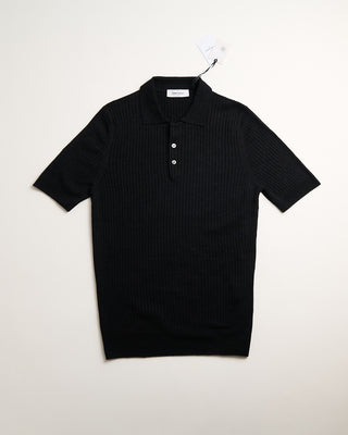 Gran Sasso Cotton  Linen Ribbed Fine Knit Polo Black 1 480