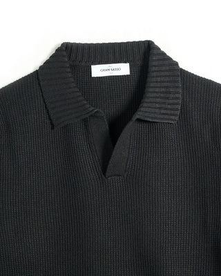 Gran Sasso Waffleknit Cotton  Linen Johnny Collar Polo Black 3 7195