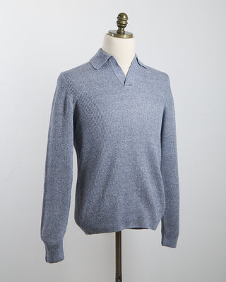 Gran Sasso Linen  Cotton Long Sleeve Ribbed Johnny Collar Polo Blue 1863