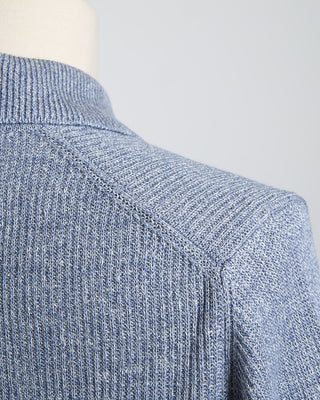 Gran Sasso Linen  Cotton Long Sleeve Ribbed Johnny Collar Polo Blue 1865