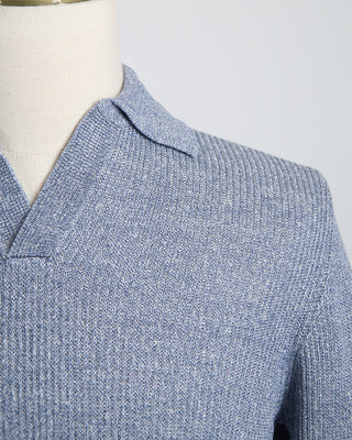 Gran Sasso Linen  Cotton Long Sleeve Ribbed Johnny Collar Polo Blue 1866