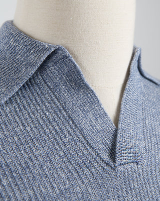 Gran Sasso Linen  Cotton Long Sleeve Ribbed Johnny Collar Polo Blue 1867