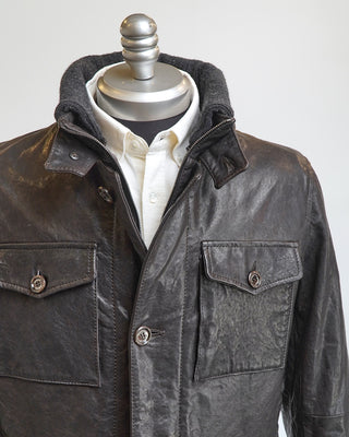 Gimos Brown Ribbed Collar Leather Field Jacket Brown  4