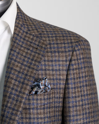 Canali Luxury Wool Marled Gingham Soft Constructed Kei Jacket Navy  Brown 466