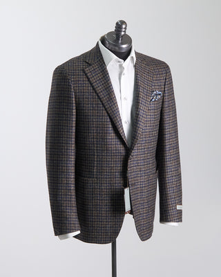 Canali Luxury Wool Marled Gingham Soft Constructed Kei Jacket Navy  Brown 647