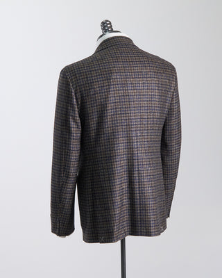 Canali Luxury Wool Marled Gingham Soft Constructed Kei Jacket Navy  Brown 648