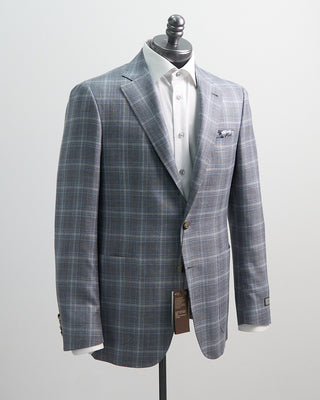 Canali Wool Silk Stretch Textured Gingham Sport Jacket Navy  White 1