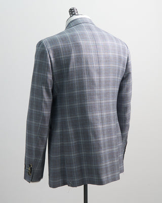 Canali Wool Silk Stretch Textured Gingham Sport Jacket Navy  White 1 6
