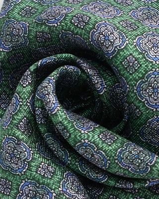 Dion Double Printed Panama Floral Medallion Silk Pocket Square Green  2