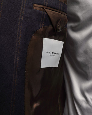Luigi Bianchi Mantova Exclusive Wool Stretch Wide Bouclé Stripe Navy Suit Navy  Brown  4