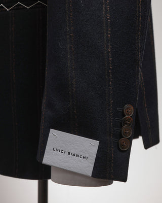 Luigi Bianchi Mantova Exclusive Wool Stretch Wide Bouclé Stripe Navy Suit Navy  Brown  6