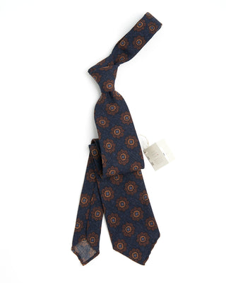 Paolo Albizzati Geometric Floral Wool Hand Rolled Tip Necktie Navy  Brown 