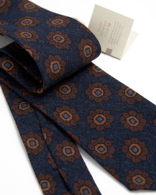 Paolo Albizzati Geometric Floral Wool Hand Rolled Tip Necktie Navy  Brown  1