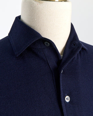 Filippo De Laurentiis Elegant Stand Up Collar Long Sleeve Fine Merino Polo Indigo 0 3