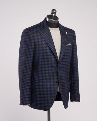 Luigi Bianchi Mantova Flannel Gingham Wool Sport Jacket Navy  Brown 1 2100
