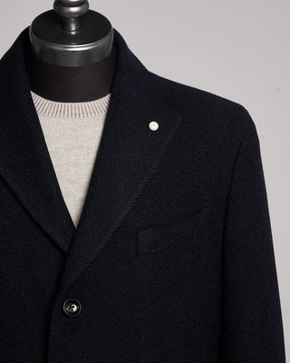 Luigi Bianchi Mantova Drago Herringbone Wool  Cashmere Hybrid Topcoat Blue  Black 3 2150