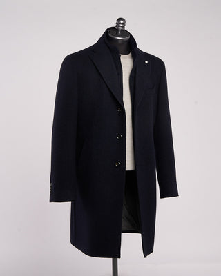 Luigi Bianchi Mantova Drago Herringbone Wool  Cashmere Hybrid Topcoat Blue  Black 4 2144