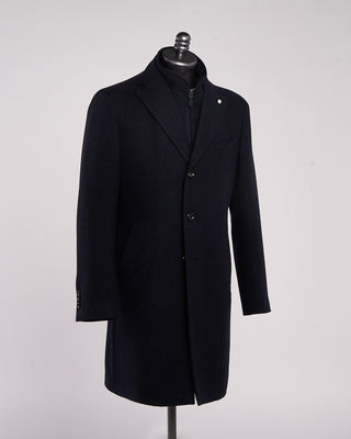 Luigi Bianchi Mantova Drago Herringbone Wool  Cashmere Hybrid Topcoat Blue  Black 9 2145