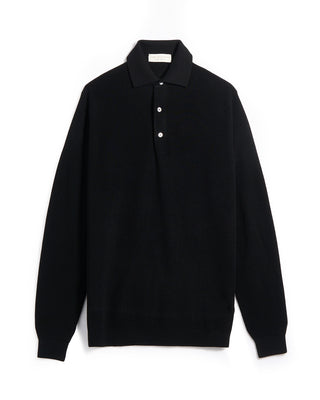 Filippo De Laurentiis Liquid Jersey Wool Elevated Long Sleeve Polo Black 6156