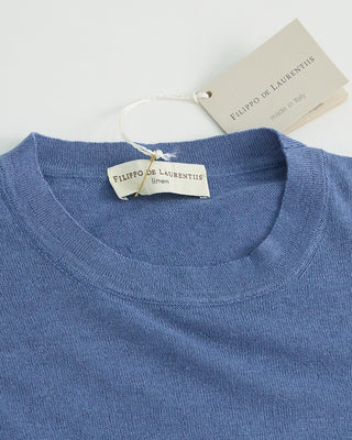 Filippo De Laurentiis Linen  Cotton High Crewneck T Shirt Blue 1 2