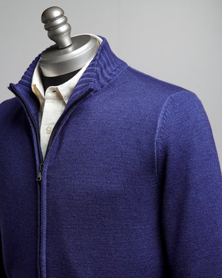 Ferrante Blue 7 Gauge Full Zip Frosted Garment Dyed Wool Sweater Blue  1