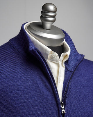 Ferrante Blue 7 Gauge Full Zip Frosted Garment Dyed Wool Sweater Blue  3