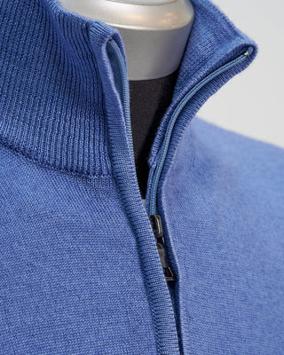 Ferrante Light Blue 12 Gauge Quarter Zip Frosted Garment Dyed Wool Sweater Light Blue  3