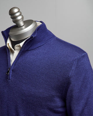 Ferrante Blue 12 Gauge Quarter Zip Frosted Garment Dyed Wool Sweater Cobalt Blue  2