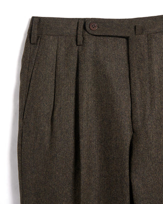 Echizenya Melange Homespun Wool Blend Double Pleated Dress Pant Olive  Brown 3 3552