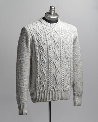 Inis Meain Wool Cashmere Donegal Aran Cable Crewneck Sweater Silver 11