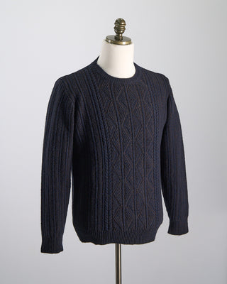 Inis Meain Wool Cashmere Patent Cableknit Crewneck Sweater Brown 