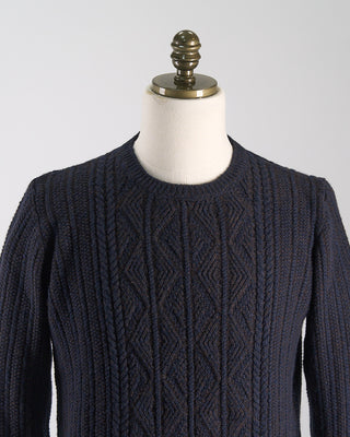 Inis Meain Wool Cashmere Patent Cableknit Crewneck Sweater Brown  2