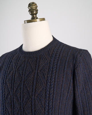 Inis Meain Wool Cashmere Patent Cableknit Crewneck Sweater Brown  3