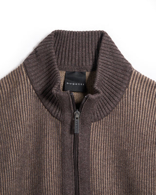 Bugatti Ribbed 2 Tone Full Zip Sweater Tan  Brown 2 6171