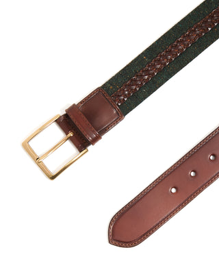 Leyva Cotton  Leather Centre Braided Inlay Belt Green  Brown 10337