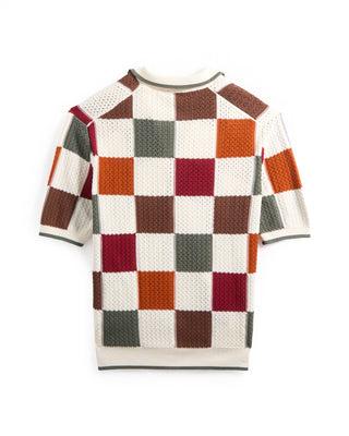 Gallia Tile Pattern Open Weave Knit Short Sleeve Overshirt Multi 43 8696
