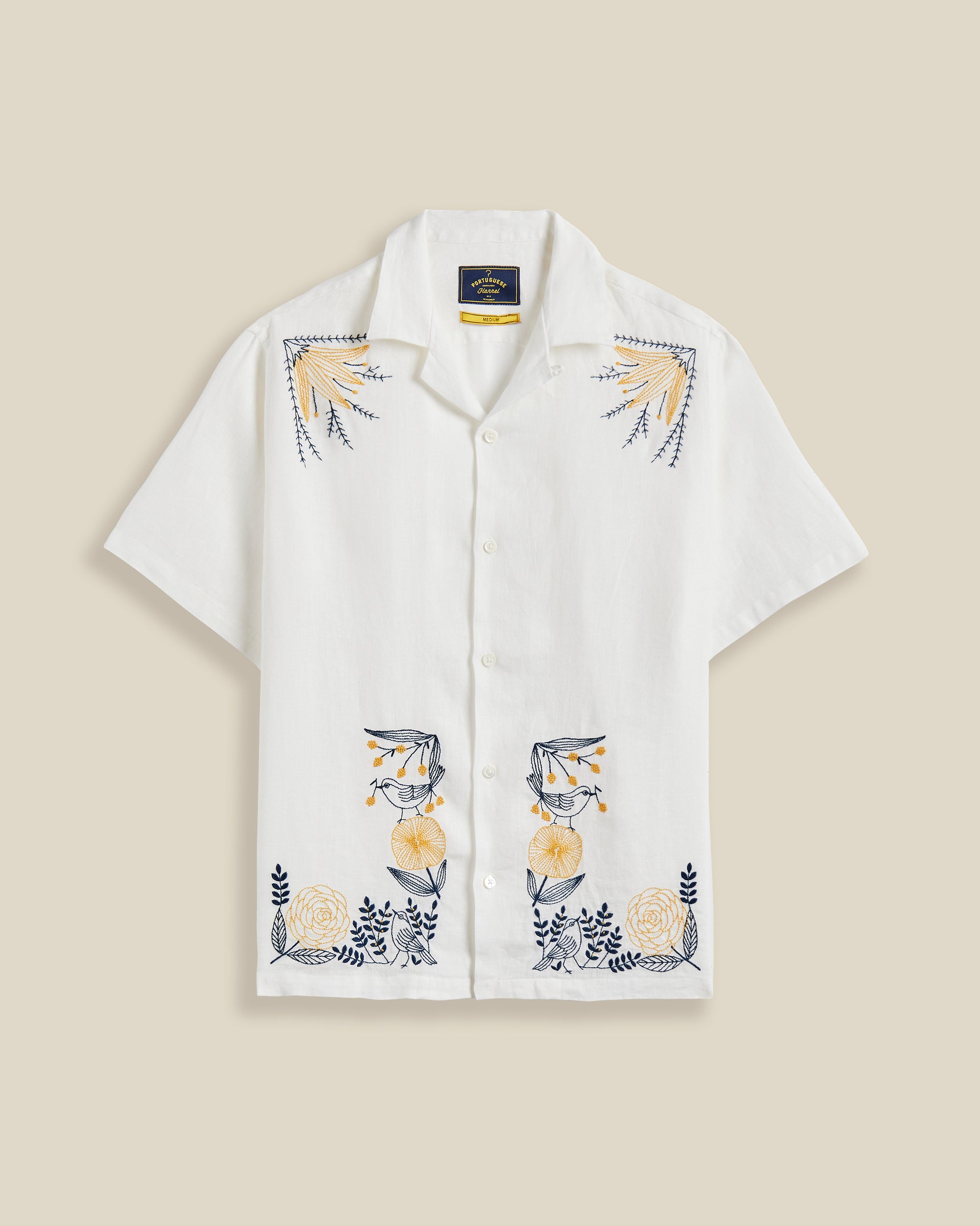 Portuguese Flannel Hand Embroidered Bird & Flowers Camp Shirt