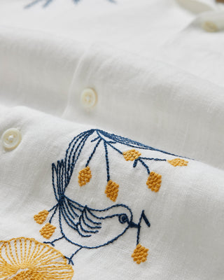 Portuguese Flannel Hand Embroidered Bird  Flowers Camp Shirt White 3