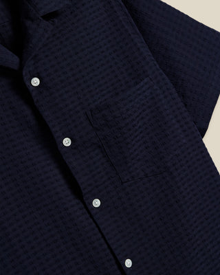 Portuguese Flannel Textured Jacquard Cotton Mondego Stretch Camp Shirt Navy 3