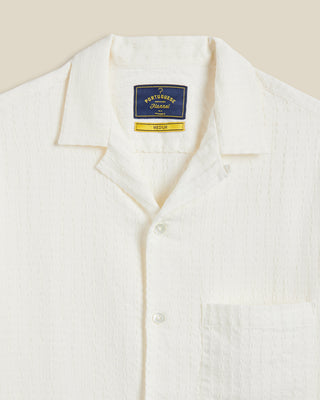 Portuguese Flannel Textured Jacquard Cotton Mondego Stretch Camp Shirt White 02