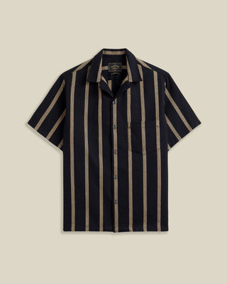 Portuguese Flannel Marques Structured Cotton Jacquard Stripe Camp Collar Shirt Midnight  Tan 1