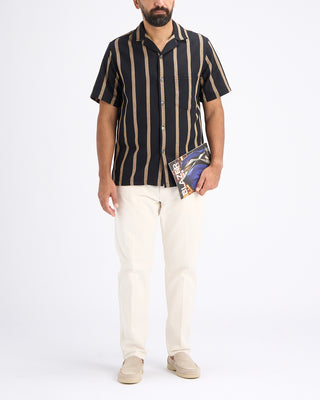 Portuguese Flannel Marques Structured Cotton Jacquard Stripe Camp Collar Shirt Midnight  Tan 10869